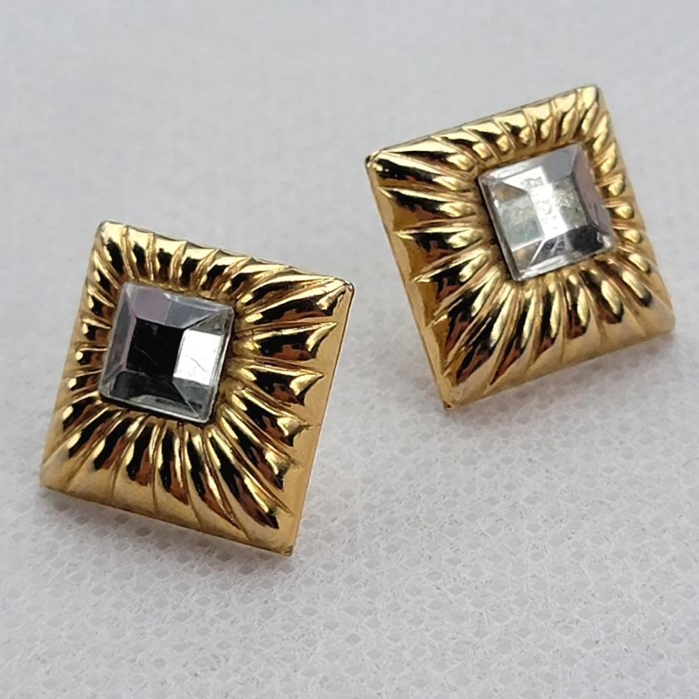 Vintage Classic Gold Square Rhinestone Earrings